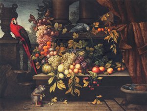 A still life with fruit, wine cooler, monkey, parrots and a turtle in a portico